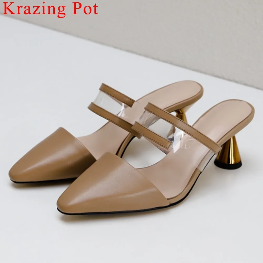 

Krazing Pot 2019 concise strange style high heels pointed toe classic square toe slip on mules office lady dress jelly shoes L21