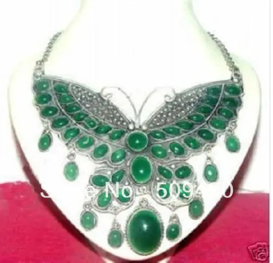 

Free Shipping Wholesale>>>Tibet silver green jade butterfly pendant necklace #@