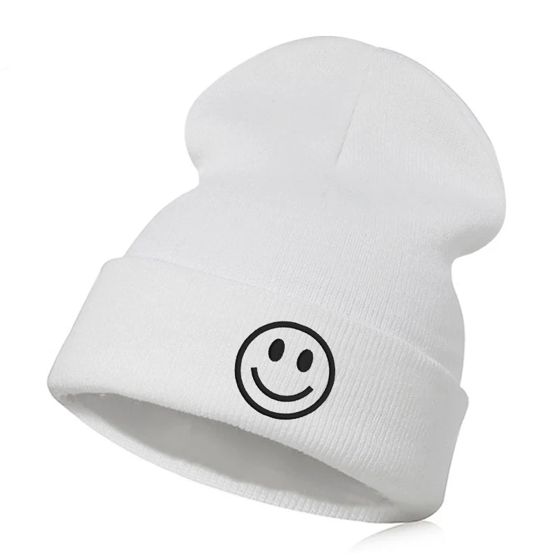 Beanie шляпа Skullie шапка, вязаная шапка-носок Зимняя Вышивка в стиле панк Для мужчин Для женщин личности подростков уличных танцев-улыбка Добрый день настроение - Цвет: whiet black