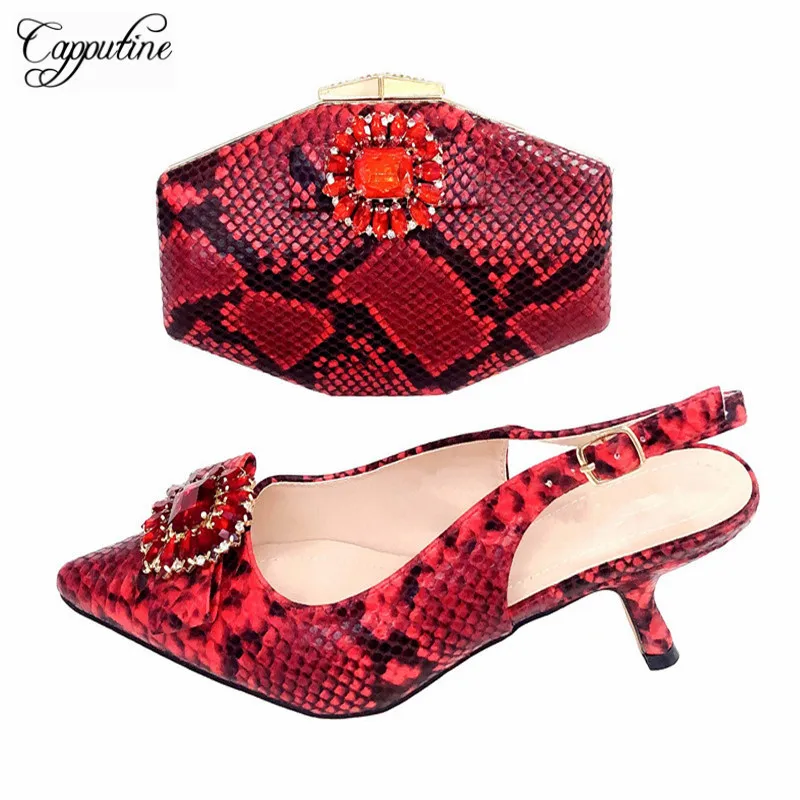 

Capputine 2019 New Nigeria Ladies Shoes Purse Set Italian PU Leather High Heels Shoes And Bags Set To Match For Party 5Colors