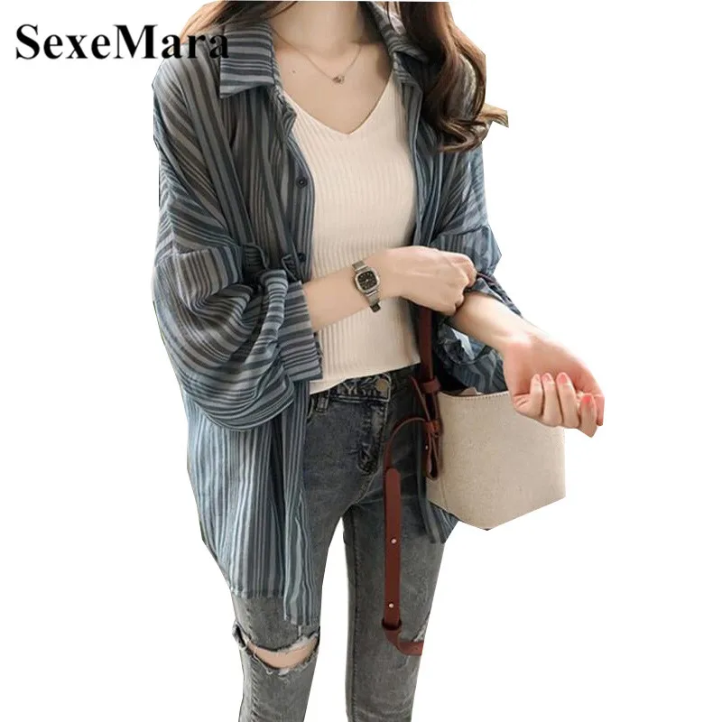 

Summer Tops For Women 2019 Loose Lantern Sleeves Striped Shirt Female Chiffon Cardigan Wild Sun Protection Clothings