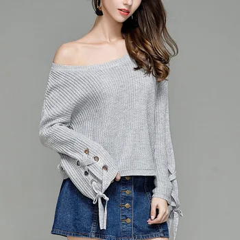 

Sexy Off Shoulder Women Sweaters 2018 Autumn Winter Ladies Jumper Slash Neck Long Sleeve Pullover Sweater Loose Casual Knitwear