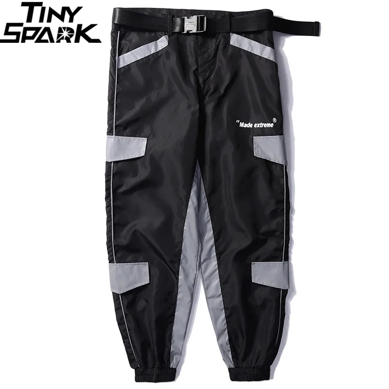 Harajuku 3M Светоотражающие штаны, уличная одежда, Мужские штаны для бега, хип-хоп черные белые брюки, модные весенние шаровары с поясом