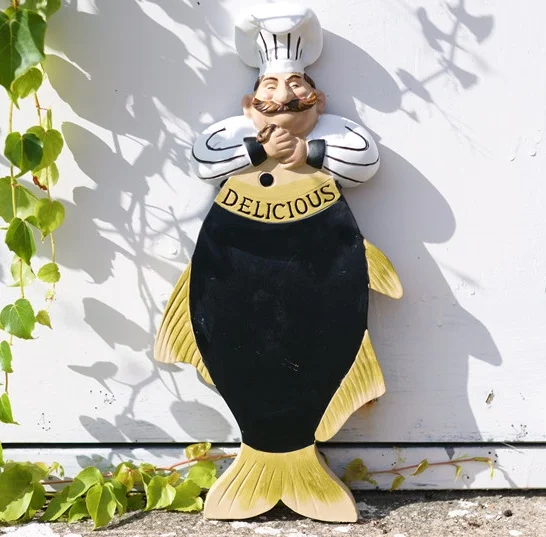 Chef and Fish Figurine Message Board Hanging Resin Cook