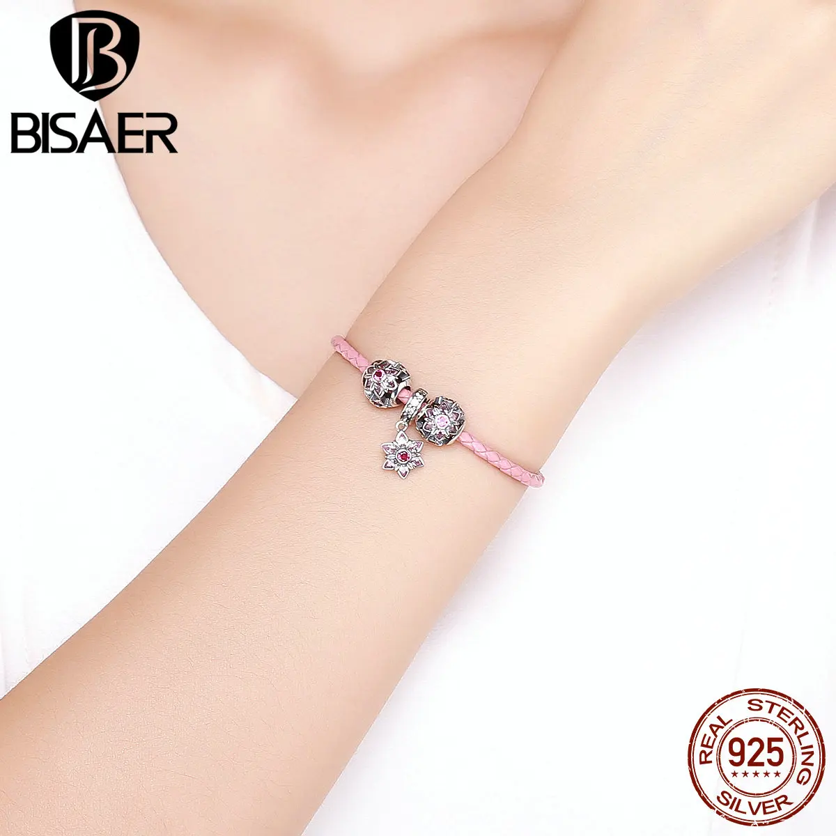 BISAER браслеты с подвесками для женщин 925 пробы Серебряный Розовый CZ Кристалл Цветочный коллекция бисера кожаные браслеты Femme подарок GXB816