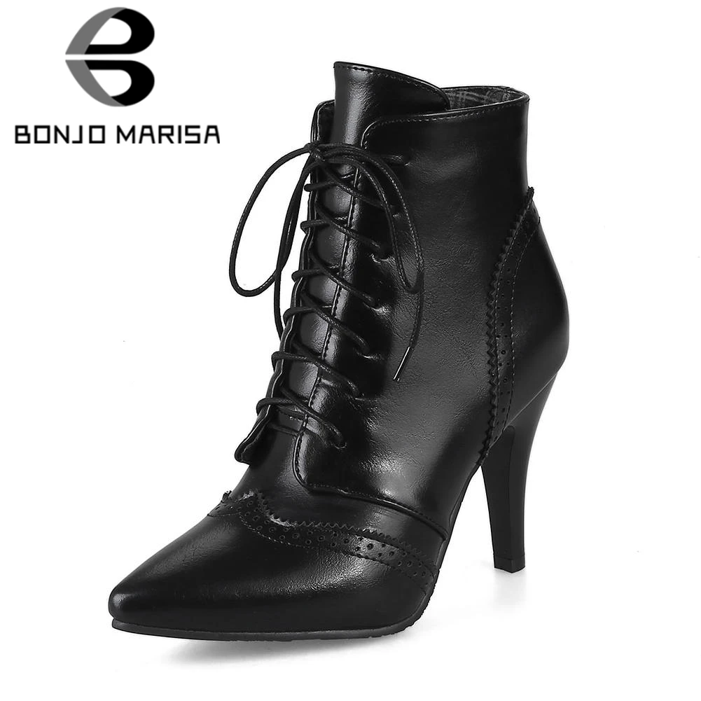 BONJOMARISA 2018 Winter Plus Size 32-46 Brand Pointed Toe Black Women Ankle Boots lace-up Shoes Woman High Heels Women Boots цена BONJOMARISA 2018 Winter Plus Size 32-46 Brand Pointed Toe Black Women Ankle Boots lace-up Shoes Woman High Heels Women Boots цены онлайн