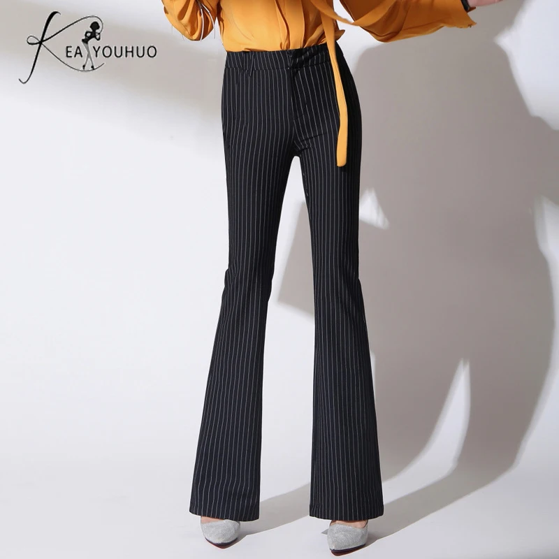 

Autumn 2018 Office Ladies Trousers Women High Waist Pants Pants Woman Female Wide Leg Pants Black White Striped Pantalon Femme