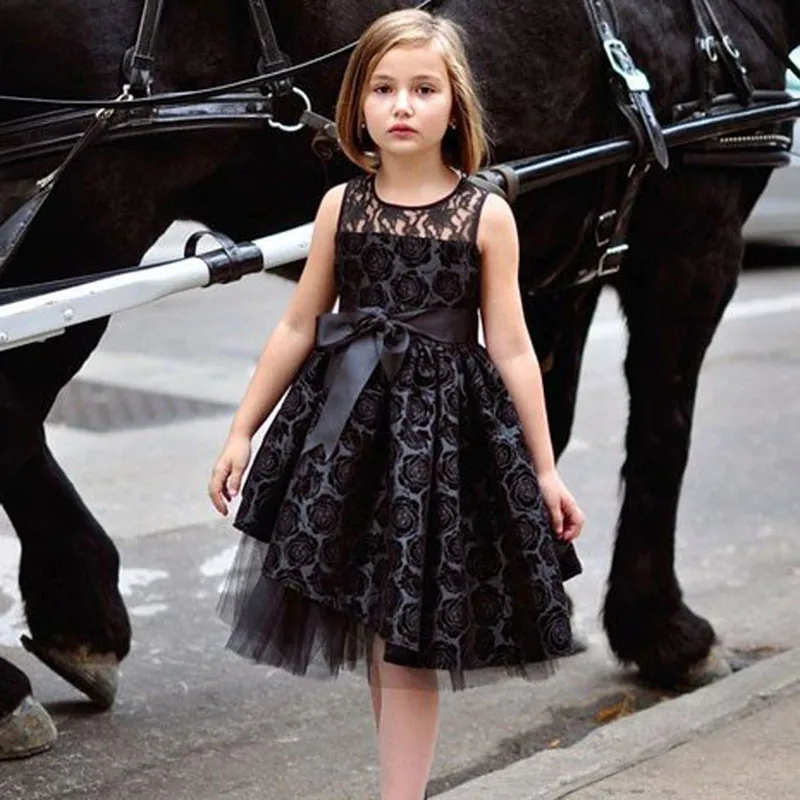 

New Black Lace Girl Dresses Christmas Holiday Vestidos Gown Crew Neck Knee-Length Custom Made Girls Birthday Party Dress