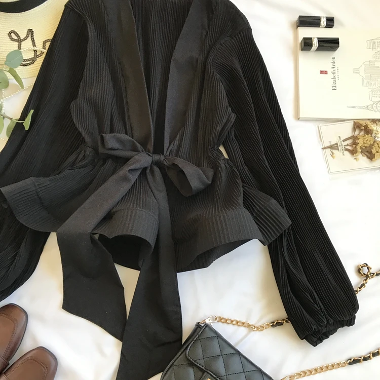 ALPHALMODA плиссированная женская шифоновая блузка с v-образным вырезом и бантом, стильная шифоновая блузка с рукавами-фонариками, шифоновый топ с длинными рукавами