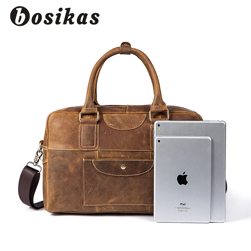Brown Umhängetasche Männer Schulranzen Tasche Messenger Vintage Marke Zoll Schulter Taschen 14 Laptop Leder Echtem Bosikas Handtaschen qw6UZRTU