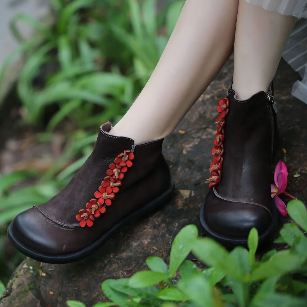 

2018 VALLU Handmade Vintage Flower Women Warm Boots Round Toes Low Heels Genuine Leather Female Ankle Boots