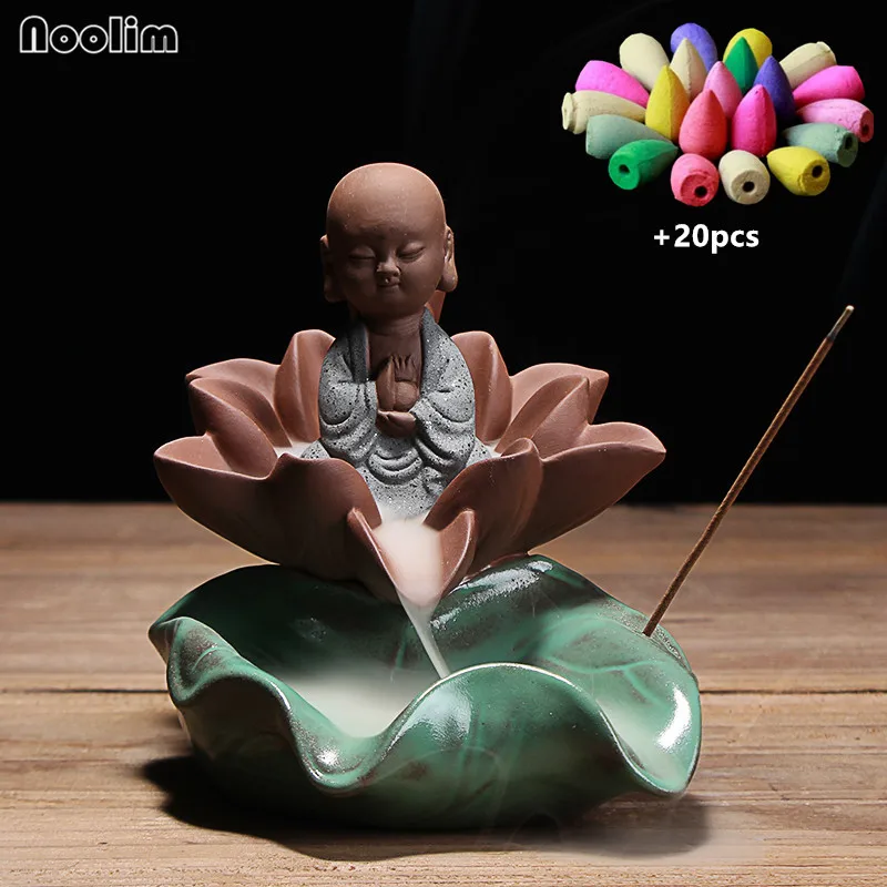 

Ceramic Little Monk Lotus Flower Censer Blackflow Incense Burner Incense Stick Holder Smoke Waterfall Home Decor + 20pcs Cones