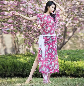 

New woman belly dance costumes summer exercie suit printed lace dress &belt DW086