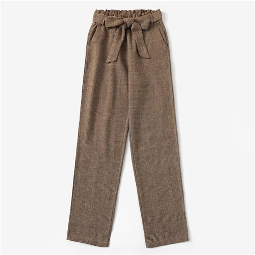 Dotfashion женские клетчатые брюки с поясом и оборкой на талии, Новое поступление, весна-осень, корейский стиль, прямые брюки, повседневные брюки - Цвет: Brown