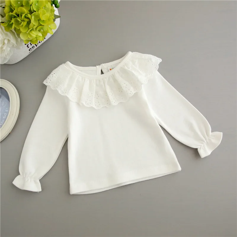 Летняя рубашка принцессы с рюшами для девочек высокого качества белая хлопковая одежда футболки с длинными рукавами Одежда для новорожденных Футболки для малышей