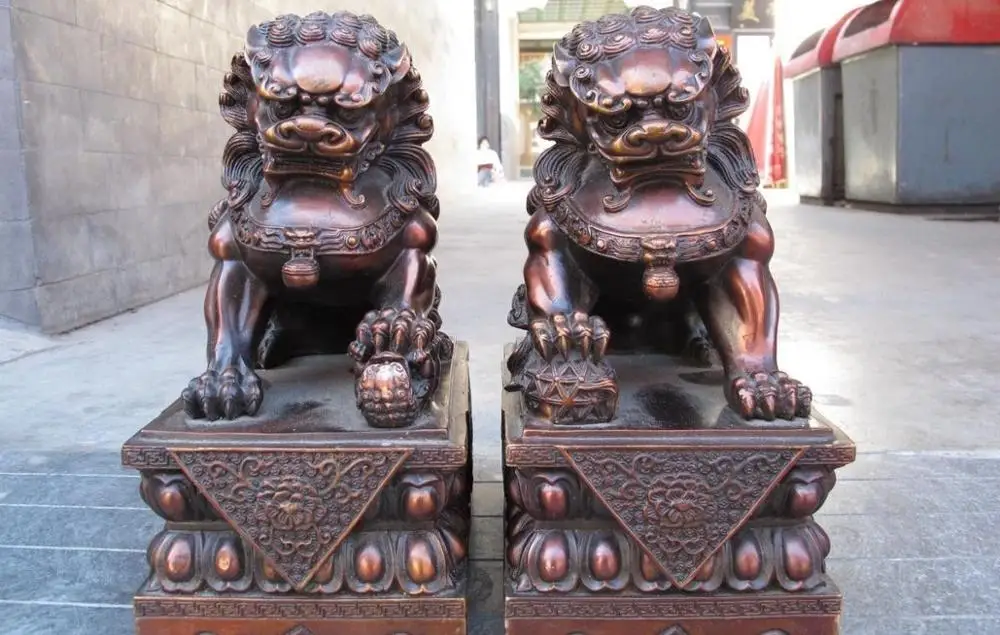 

10 Chinese Red Bronze Copper Feng Shui Evil Palace Door Foo Dog Lion Statue Pair