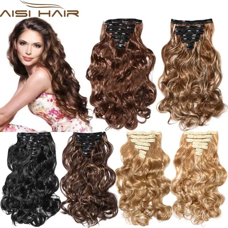 False Hair Extension 16 Clips Clip in Hair Extensions Synthetic Hair Apply Hairpiece 20 Long Wavy Curly Hairpieces