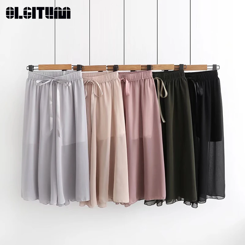 

New 2019 Summer Women Slid Color Fresh Korean Version of Loose Thin Wide Leg Pants Thin Chiffon Cropped Trousers PT339