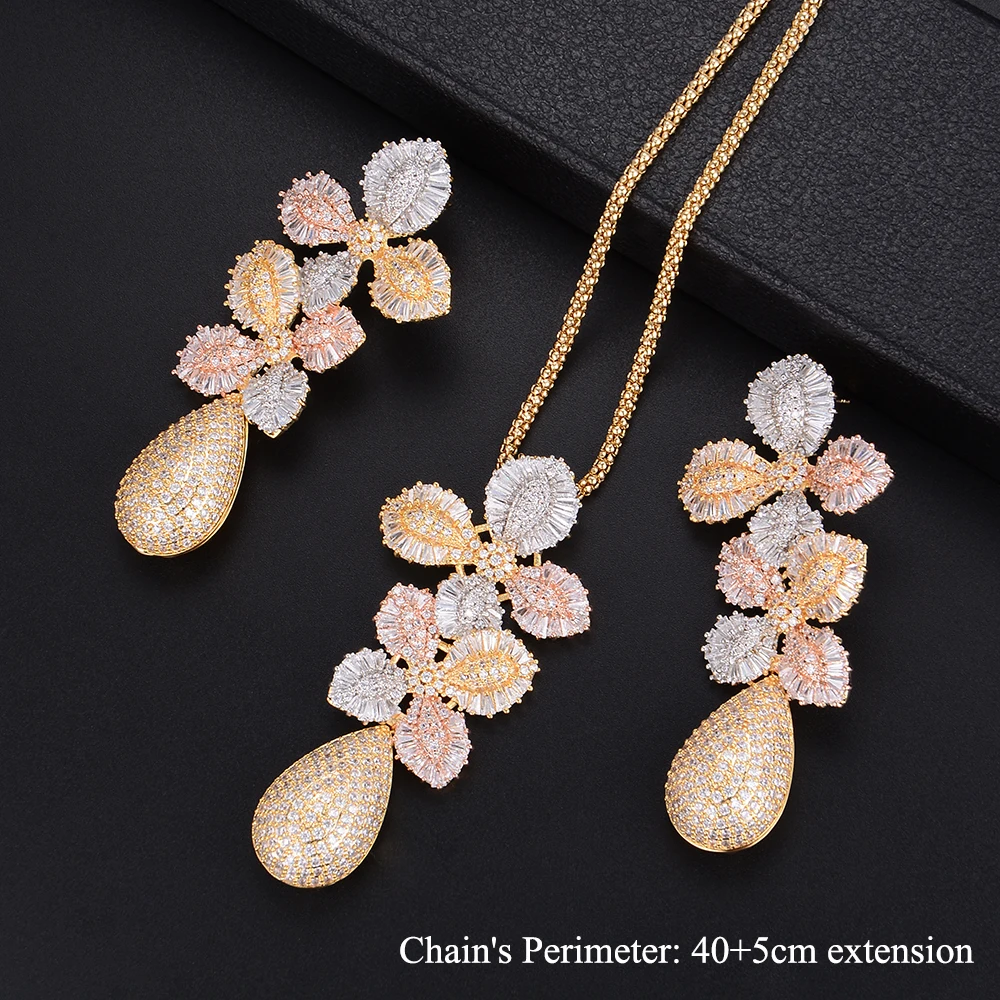 GODKI 69mmLuxury Leaf Flower Water Drop Women Wedding Cubic Zirconia Choker Necklace Earring Dubai Jewelry Set Jewellery Addict