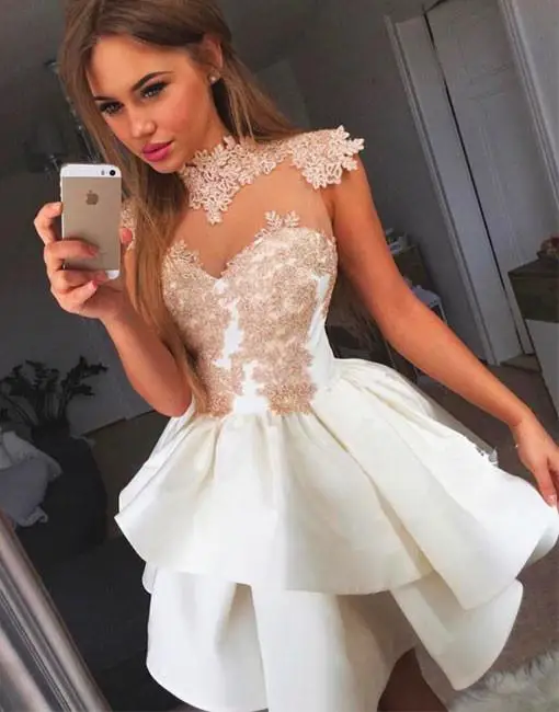 See Through Homecoming Dresses A-line High Collar Cap Sleeves Short Mini Lace Elegant Cocktail Dresses - Цвет: same as the photo