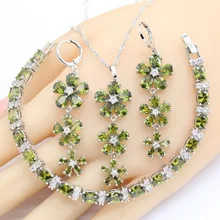 Серебряные Свадебные Ювелирные наборы для женщин Свадебные оливково-зеленые кубические циркония длинные серьги браслет ожерелье Кулон Подарочная коробка