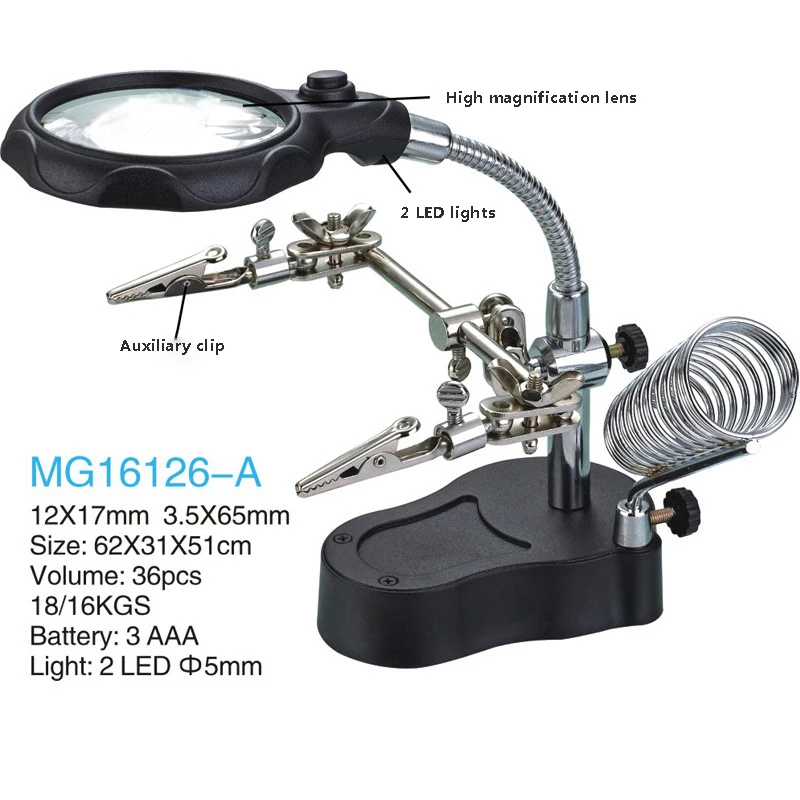 

LED Illuminated Magnifier Iron desktop magnifier with LED auxiliary clip stand magnifier