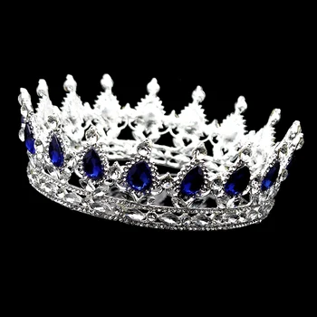 

Round Vintage Blue Crystal Wedding Crown Rhinestone Full Circle Bridal Tiaras Pageant Bride Queen Hair Accessories