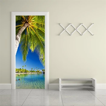 

2 sheets/pcs Lake Palm Tree Door Sticker Tropical Landscape DIY Mural Paper Creative Wall Poster for Balcony Bedroom Store Decor