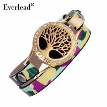

Everlead Tree of life Leather wrap Bracelets Camo gold color plated Essential Oil Diffuser Healthy living Lockets Bracelet