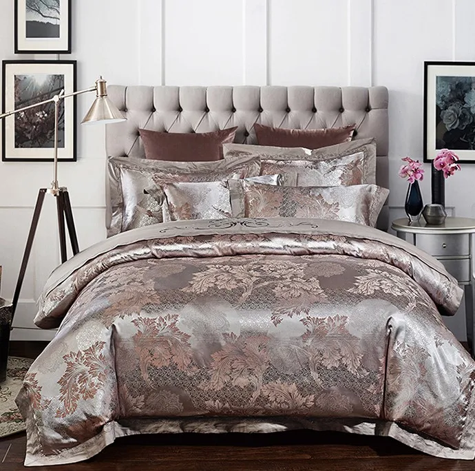 Silver Luxury wedding Bedding set Satin Jacquard bedspread Embroidery