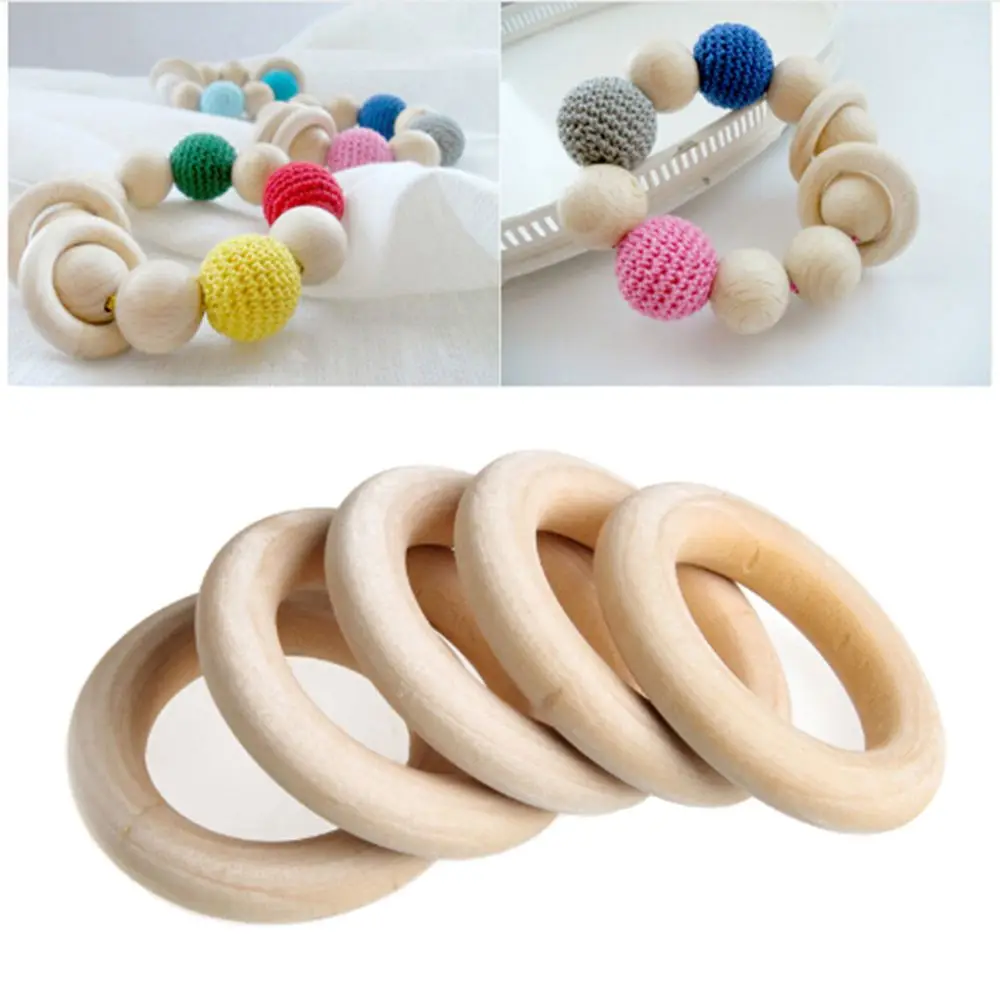New 5pcs Healthy Safety 55mm Baby Teething Natural Wood Rings Necklace