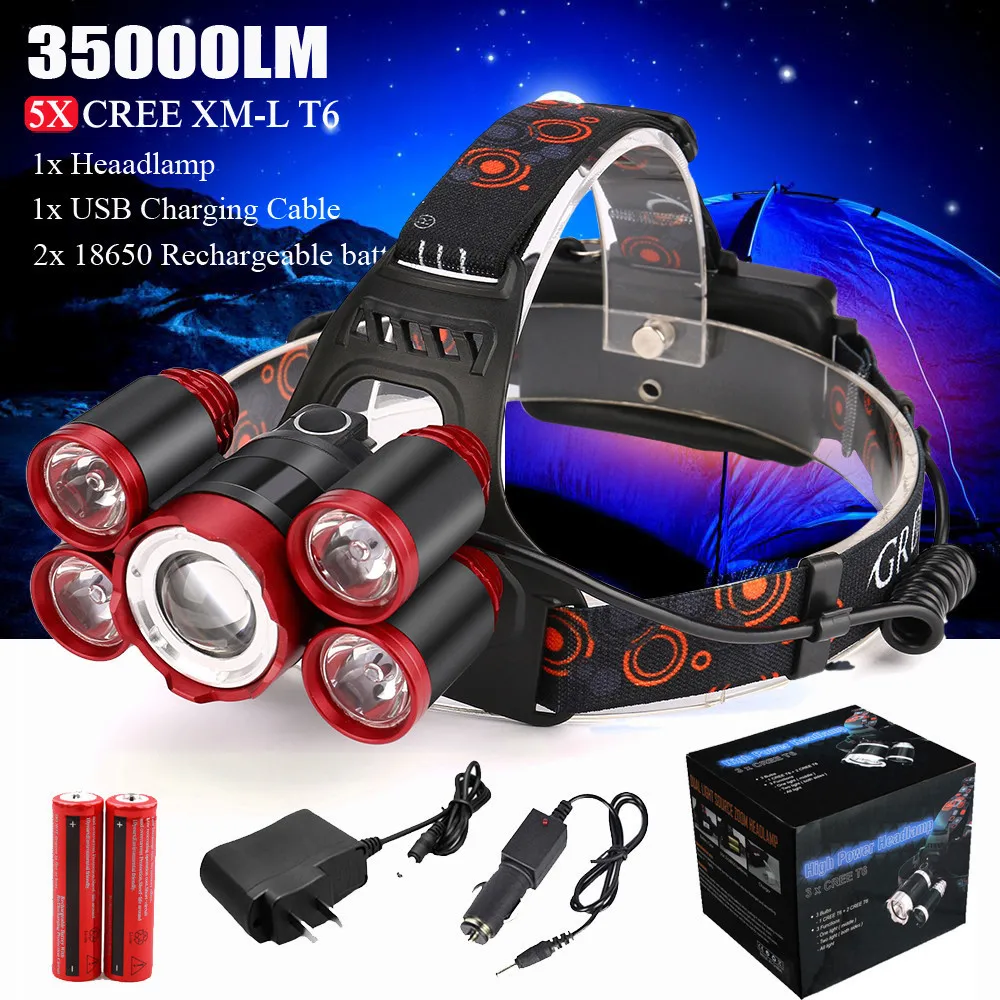 New High Quality 35000LM 5x XM-L T6 Headlamp LED Rechargeable 18650 Head Light Zoomable Torch Outdoor Drop Shipping | Лампы и