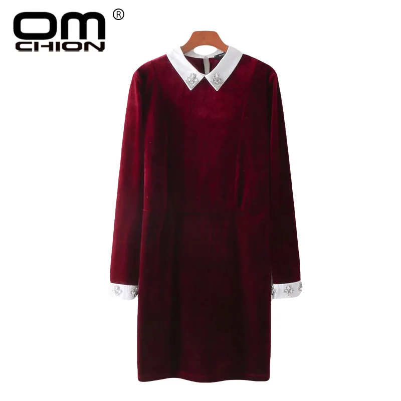 OMCHION Long Sleeve Tunic Red Velvet Dress Women Basic O Neck Diamonds Spring Vintage Dresses