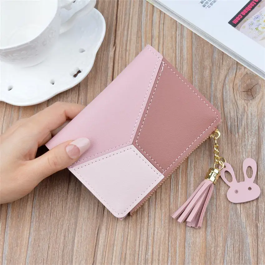 New Arrival Wallet Short Women Wallets Zipper Purse Patchwork Panelled Wallets Trendy Coin Purse Card Holder Leather - Цвет: Pink