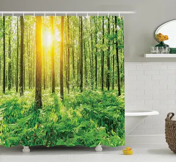 

Woodland Shower Curtain Forest Springtime Freshness Foliage Sunbeams Sunrise Nature View Scene Pattern Fabric Bathroom Set