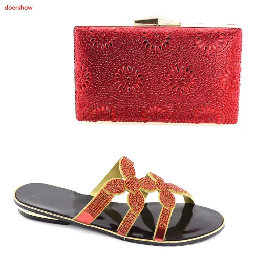 doershow Fashion Italian red shoes And Matching Bag With Rhinestone red African Wedding Shoes