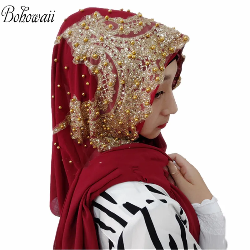 BOHOWAII мусульманский хиджаб из Джерси 25 цветов Femme Musulman золотые бриллианты блестки длинные Хиджабы-шарфы Hoofddoek Мода шифон тюрбан - Цвет: 12