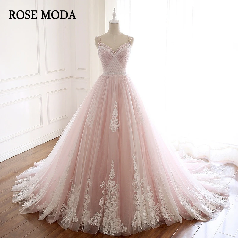 Vestido de Casamento Rosa da Moda Rosa com Decote em v com Renda de Flores Lindo Fotos Reais