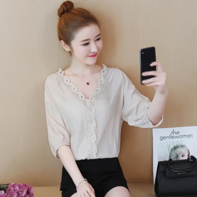S 2XL 2 цвета новинка 2018 corean стиль v образный вырез Кружевная блуза с рукавом