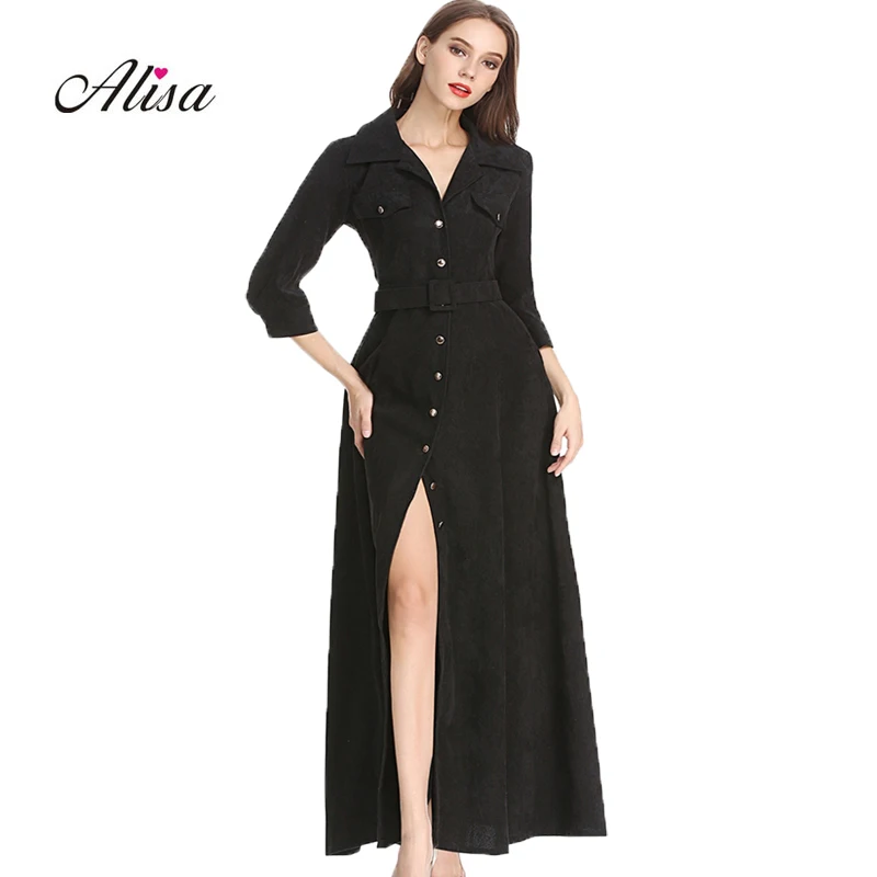 

Women Autumn Long Sleeve Vintage Corduroy Maxi Dress 2018 New Female Solid Slim A-line Robe Vestido Single-breasted Sexy Dresses