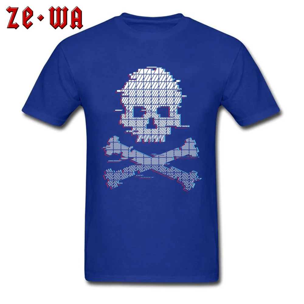 Crossbones Glitch effect T Shirts for Adult Printed NEW YEAR DAY Tops & Tees Company Tee Shirts Crew Neck 100% Cotton Fabric Crossbones Glitch effect blue