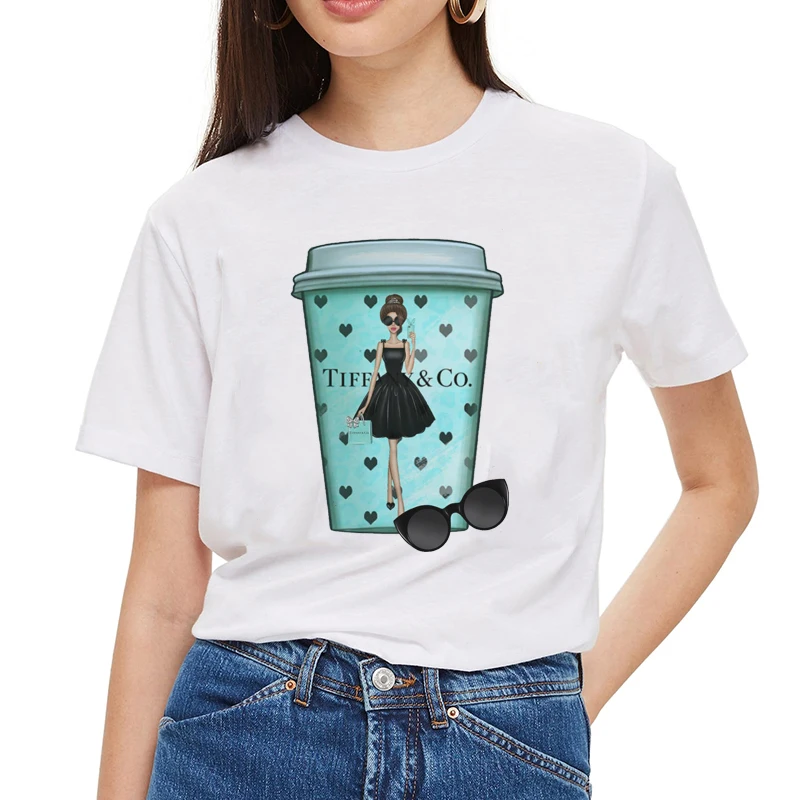 

New Arrival Tiff & Coffe Harajuku T Shirt White Loose women Clothes 2019 Tumblr Print T-Shirt Casual Short Sleeve Women Tshirt