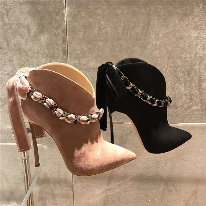 

New Designer Autumn Ankle Boots Sexy High Heels Chain Decor Boots Women Pointed Toe Bowtie Metal Heels Boots Zapatos De Mujer