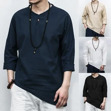 INCERUN, novedad de 2020, camisas de talla grande para hombre, camisa de manga larga de estilo chino Irregular liso, camisa informal Vintage de lino y algodón para hombre