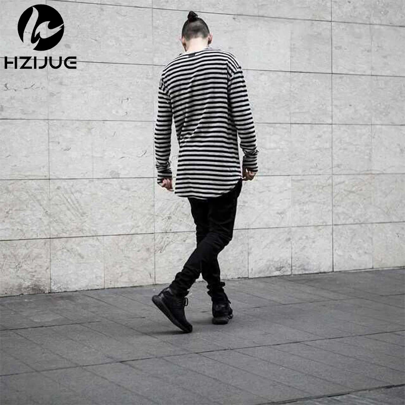 HZIJUE 2017 Men t shirts tyga hip hop swag striped long