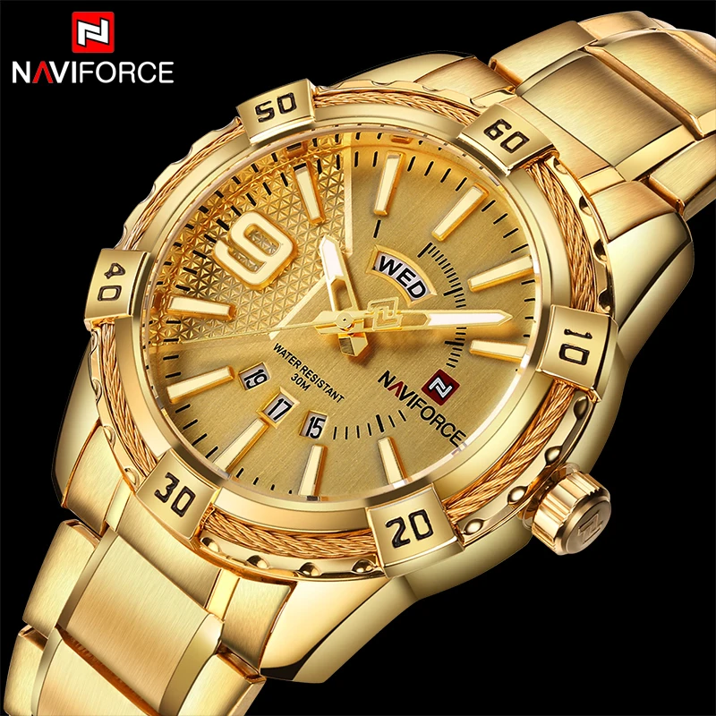 

New Brand Luxury Men Watches NAVIFORCE Men's Full Steel Clock Waterproof Quartz Gold Watch Man Fashion Sports Wrist watch HOT