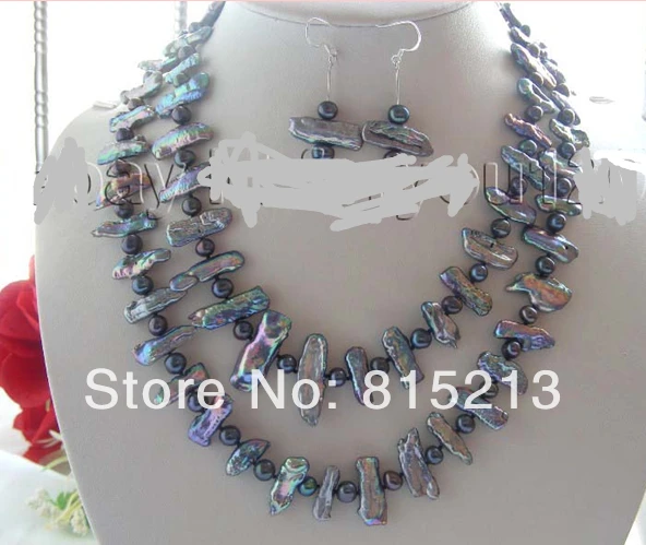 

ddh00896 Natural Black Biwa Pearl Necklace Earrings Set 34