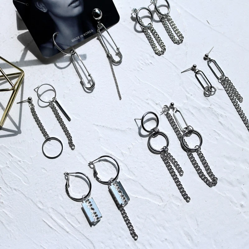 6 Pairs Per Set Earrings Safety Pin Geometry Chain Drop Earrings Women Vintage Long Chain Earrings Men Korean Fashion Jewelry