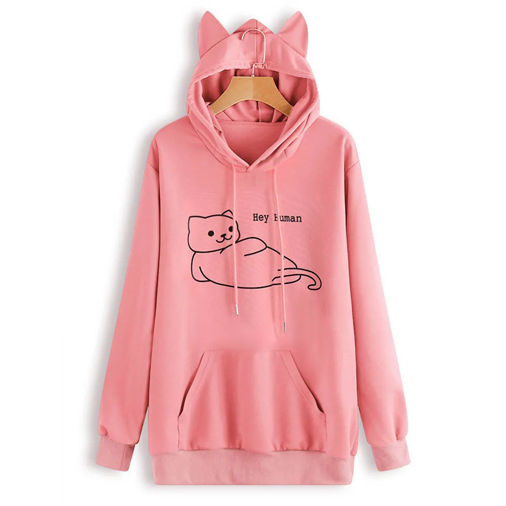 

Women cat print linen hoodies sweatshirts with ears plus size pullovers loose warm long sleeve sports hooded O-neck casual tops