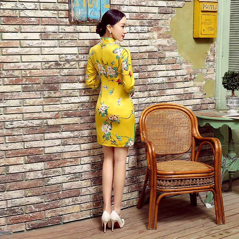 Традиционный китайский атласное платье Для женщин Мини Cheongsam Размеры S до 2XL